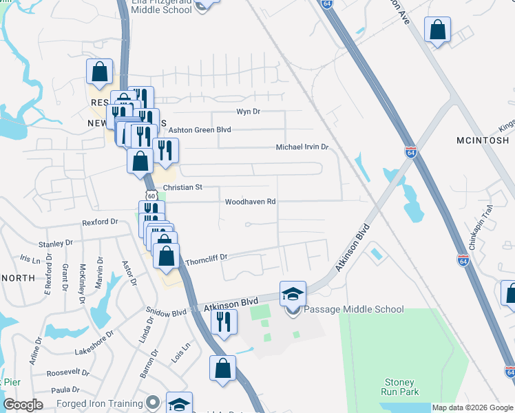 map of restaurants, bars, coffee shops, grocery stores, and more near 34 Teardrop Lane in Newport News