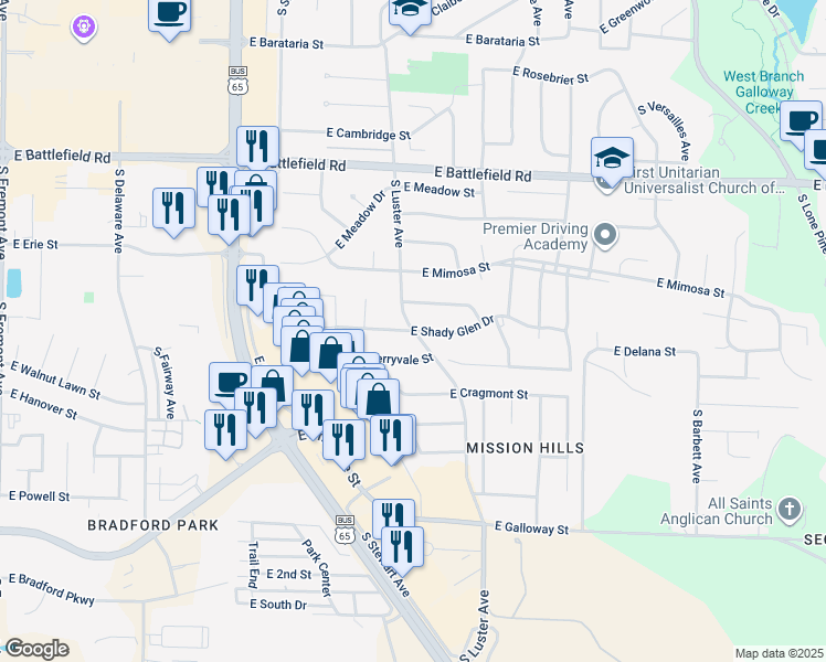 map of restaurants, bars, coffee shops, grocery stores, and more near 3236 South Luster Avenue in Springfield