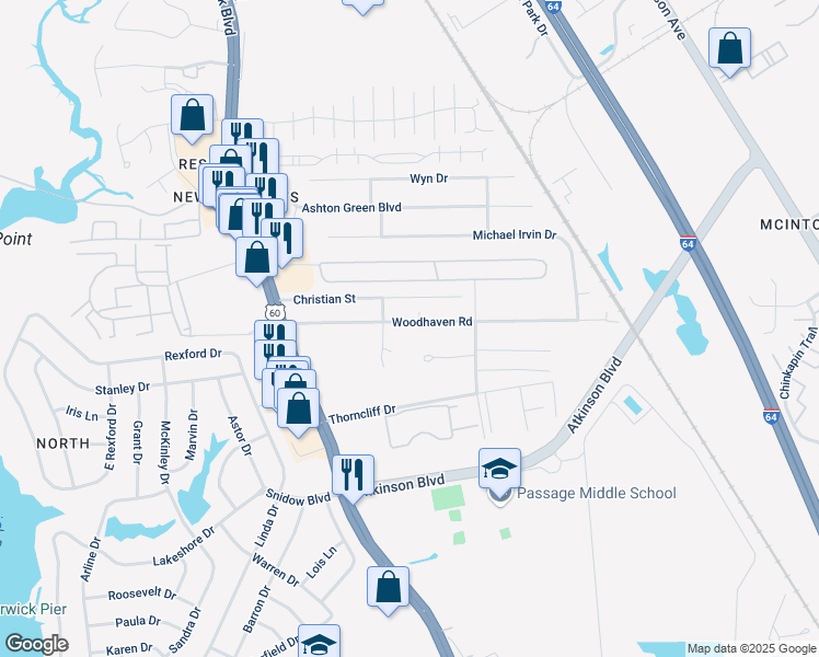 map of restaurants, bars, coffee shops, grocery stores, and more near 106 Woodhaven Road in Newport News