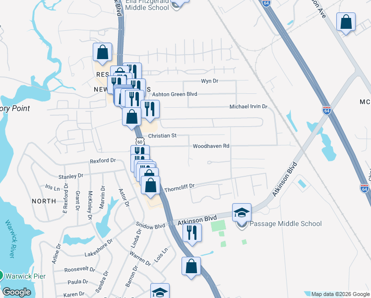 map of restaurants, bars, coffee shops, grocery stores, and more near 501 Dahlia Court in Newport News