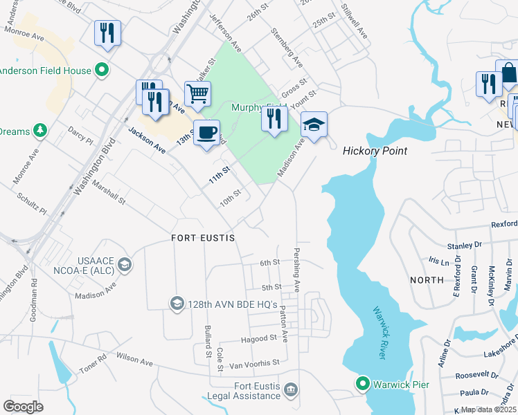 map of restaurants, bars, coffee shops, grocery stores, and more near 1500 Madison Avenue in Newport News