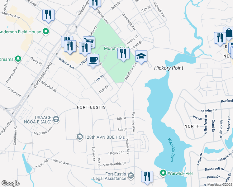 map of restaurants, bars, coffee shops, grocery stores, and more near 1500 Madison Avenue in Newport News