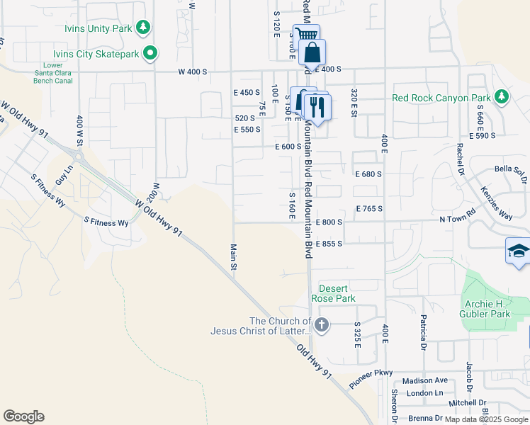 map of restaurants, bars, coffee shops, grocery stores, and more near 75 East 800 South in Ivins