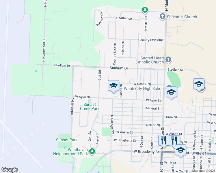 map of restaurants, bars, coffee shops, grocery stores, and more near 705 Crockett Drive in Webb City