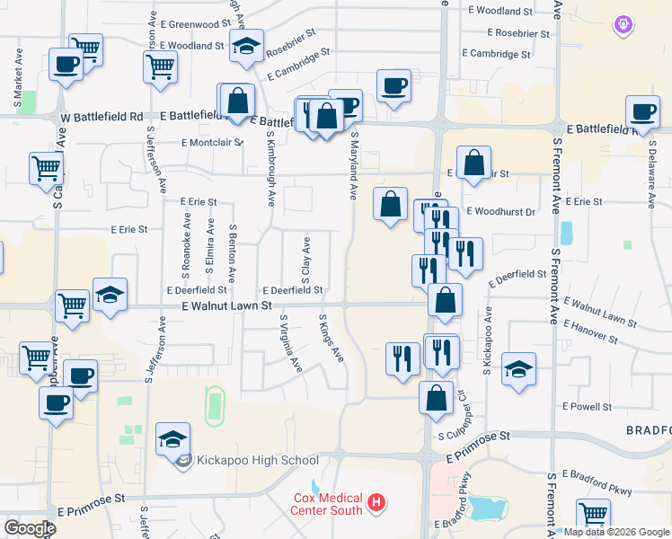 map of restaurants, bars, coffee shops, grocery stores, and more near 3318 South Kings Avenue in Springfield