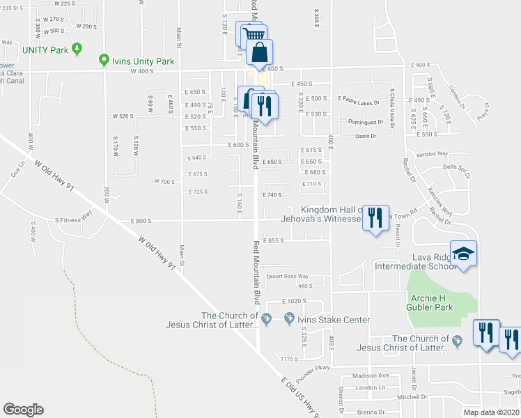 map of restaurants, bars, coffee shops, grocery stores, and more near 772 South 220 East Circle in Ivins
