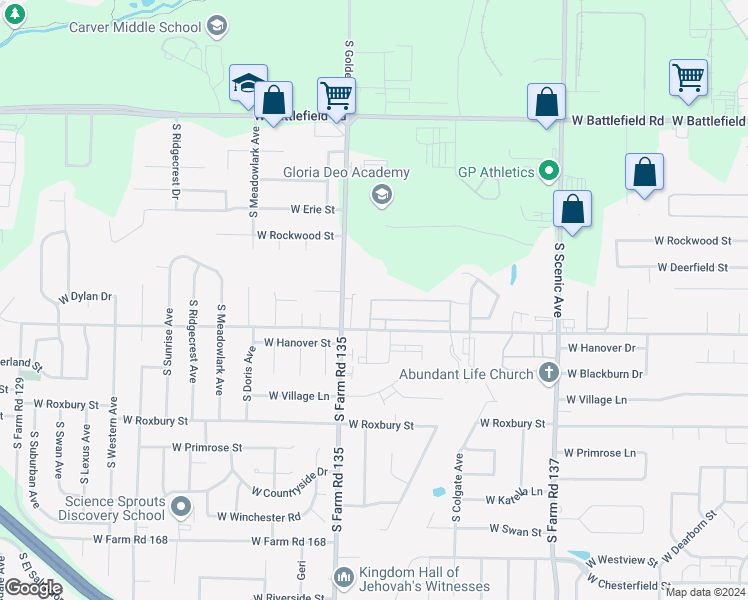 map of restaurants, bars, coffee shops, grocery stores, and more near 3288 West Deerfield Street in Springfield