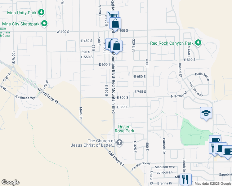 map of restaurants, bars, coffee shops, grocery stores, and more near 772 South 220 East in Ivins