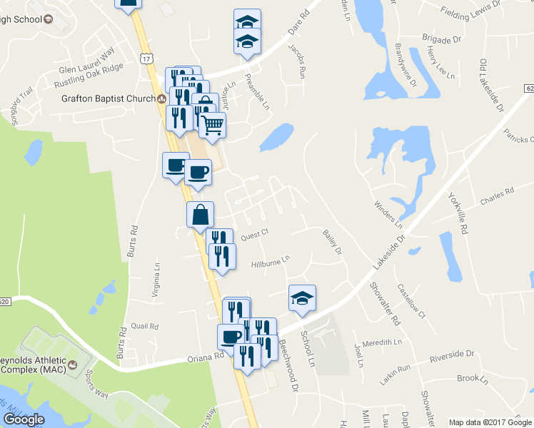 map of restaurants, bars, coffee shops, grocery stores, and more near 117 Wethersfield Park in Yorktown