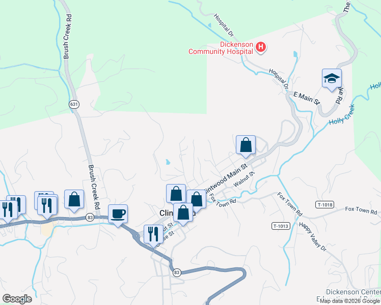 map of restaurants, bars, coffee shops, grocery stores, and more near Friend Street in Clintwood
