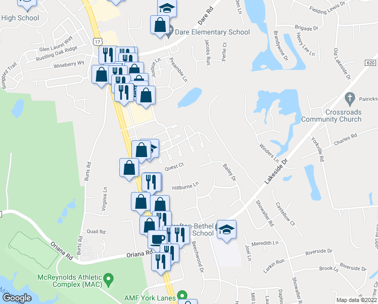 map of restaurants, bars, coffee shops, grocery stores, and more near 122 Kingsbridge Lane in Yorktown