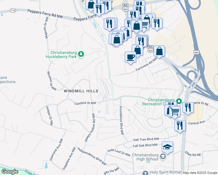 map of restaurants, bars, coffee shops, grocery stores, and more near 125 Phoenix Boulevard Northwest in Christiansburg