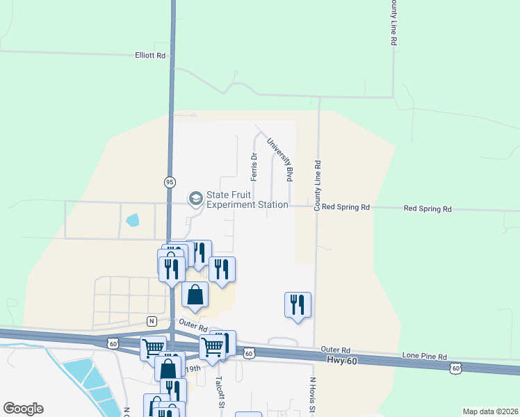 map of restaurants, bars, coffee shops, grocery stores, and more near 2500 Fruit Station Drive in Mountain Grove