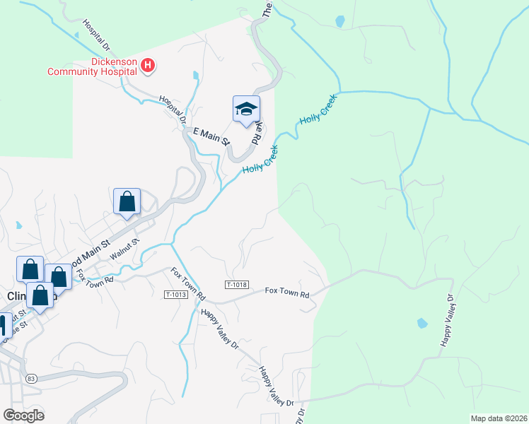 map of restaurants, bars, coffee shops, grocery stores, and more near State Route T-1018 in Clintwood