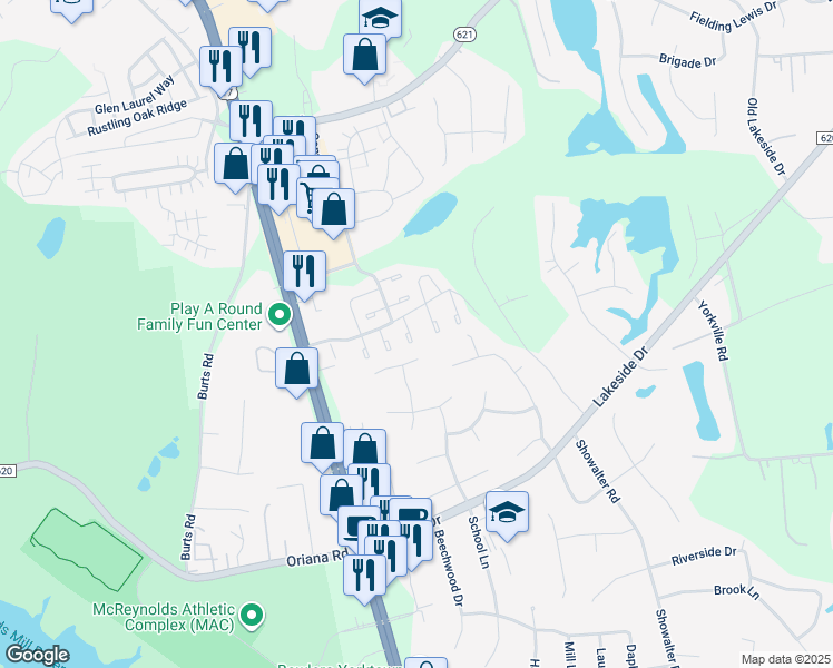 map of restaurants, bars, coffee shops, grocery stores, and more near 117 Wethersfield Park in Yorktown