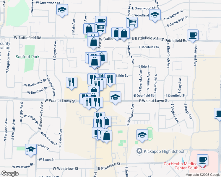map of restaurants, bars, coffee shops, grocery stores, and more near 3322 South Campbell Avenue in Springfield