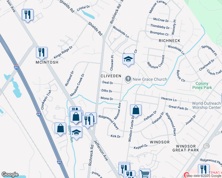 map of restaurants, bars, coffee shops, grocery stores, and more near 111 Dilts Drive in Newport News