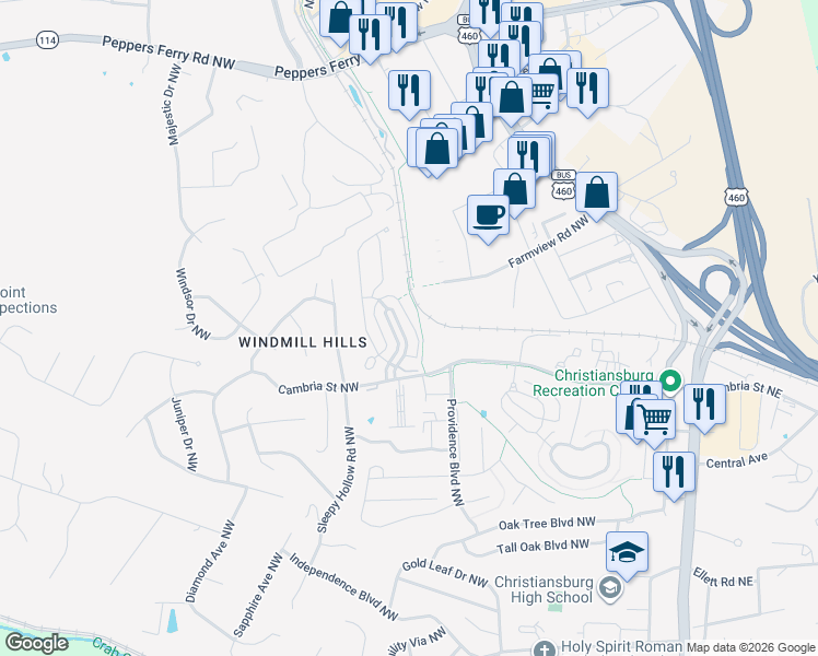 map of restaurants, bars, coffee shops, grocery stores, and more near 125 Phoenix Boulevard Northwest in Christiansburg