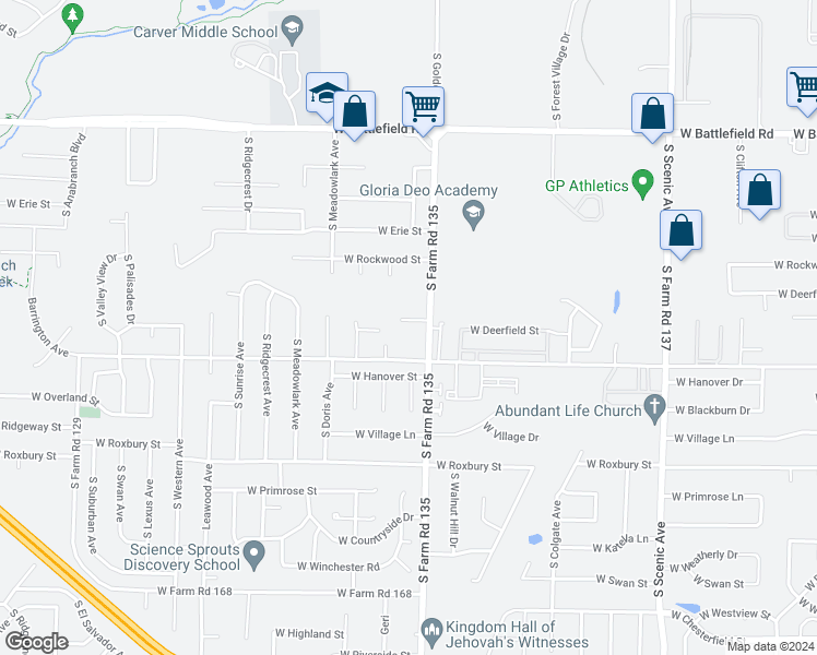 map of restaurants, bars, coffee shops, grocery stores, and more near 3130 West Golden Valley in Springfield