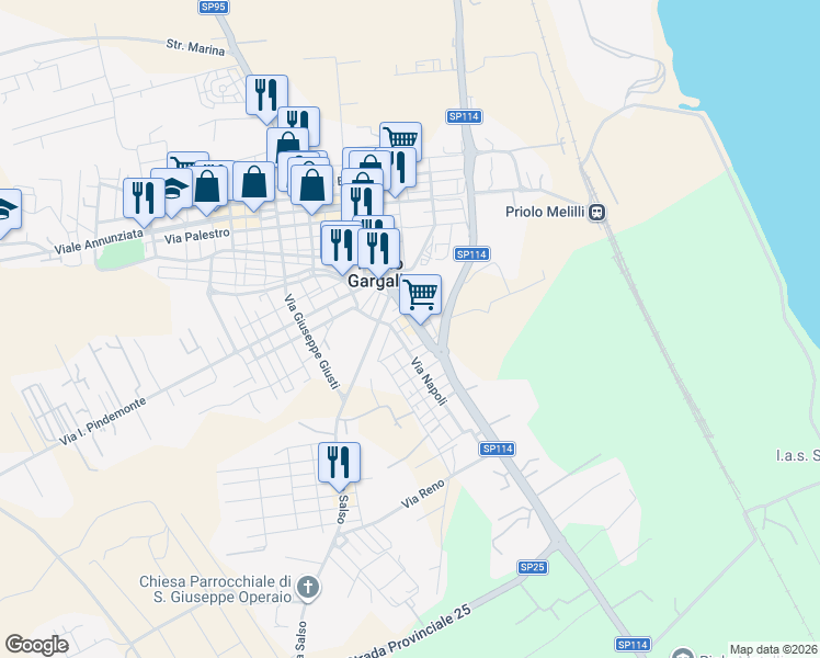 map of restaurants, bars, coffee shops, grocery stores, and more near 30 Via Niccolò Paganini in Priolo Gargallo