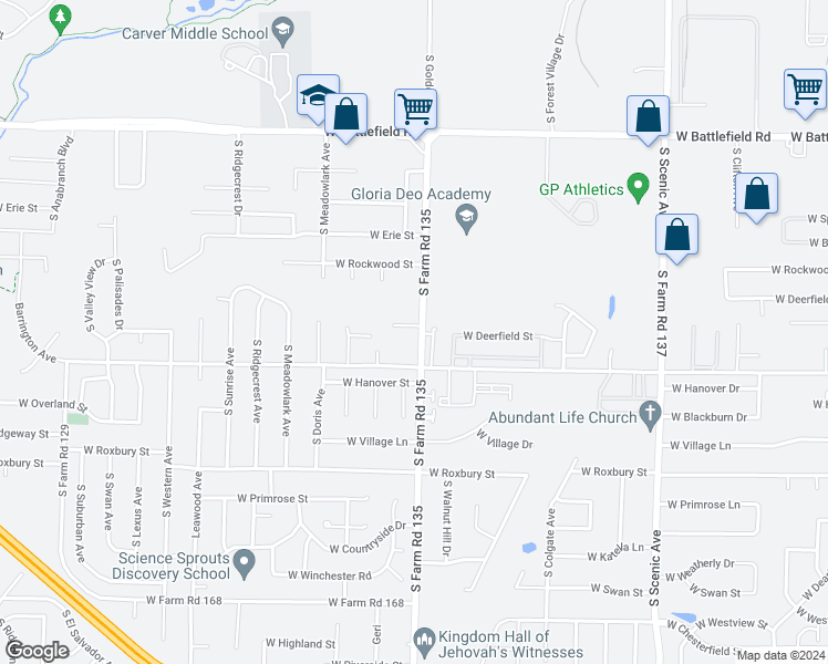 map of restaurants, bars, coffee shops, grocery stores, and more near 3112 West Golden Valley in Springfield
