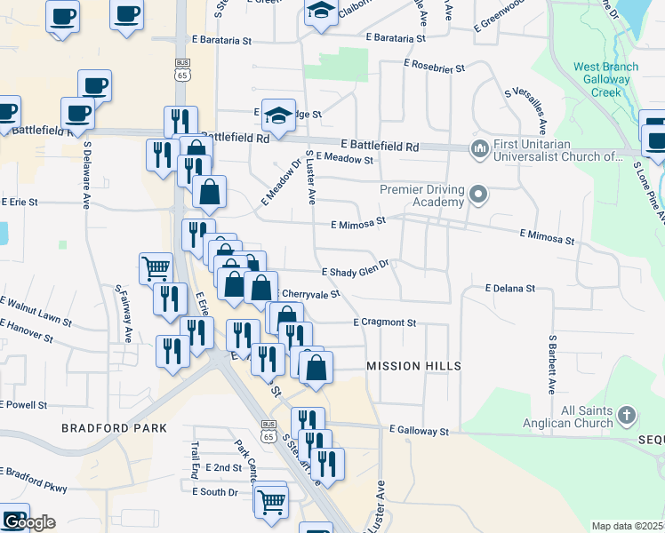 map of restaurants, bars, coffee shops, grocery stores, and more near 3236-3312 South Luster Avenue in Springfield