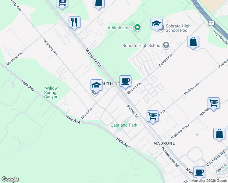 map of restaurants, bars, coffee shops, grocery stores, and more near 19411 Saffron Drive in Morgan Hill