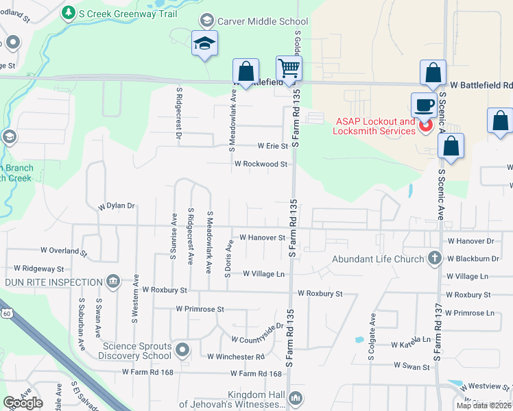 map of restaurants, bars, coffee shops, grocery stores, and more near 3173 West Wakefield Street in Springfield