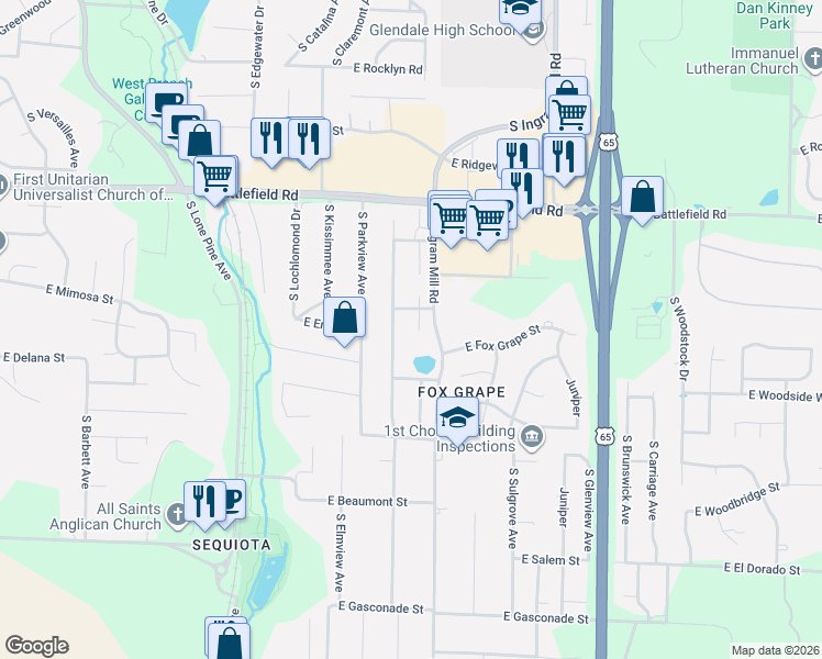 map of restaurants, bars, coffee shops, grocery stores, and more near 3150 South Oak Avenue in Springfield