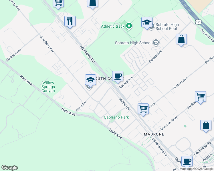 map of restaurants, bars, coffee shops, grocery stores, and more near 19411 Saffron Drive in Morgan Hill