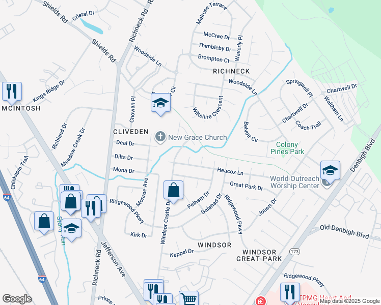 map of restaurants, bars, coffee shops, grocery stores, and more near 259 Windsor Castle Drive in Newport News