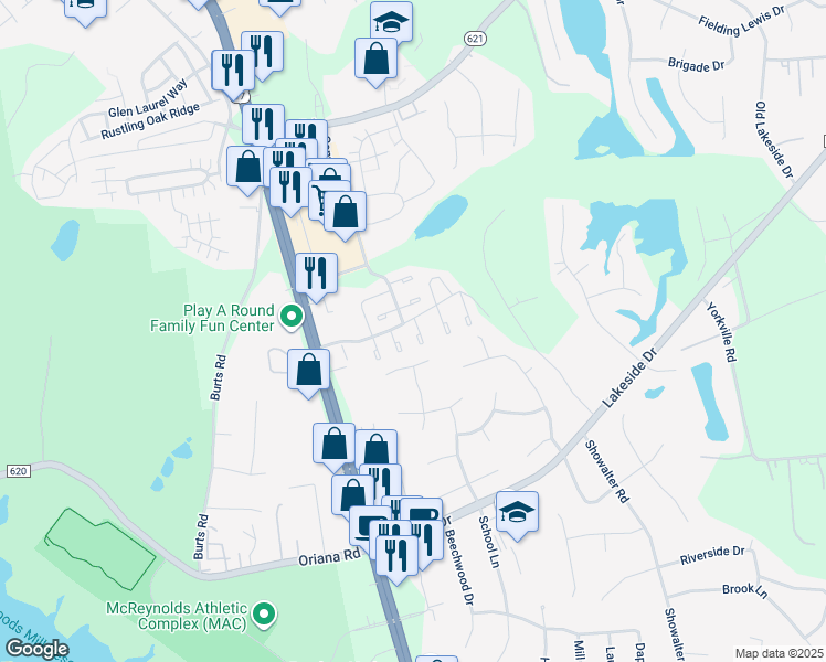 map of restaurants, bars, coffee shops, grocery stores, and more near 106 Wethersfield Park in Yorktown