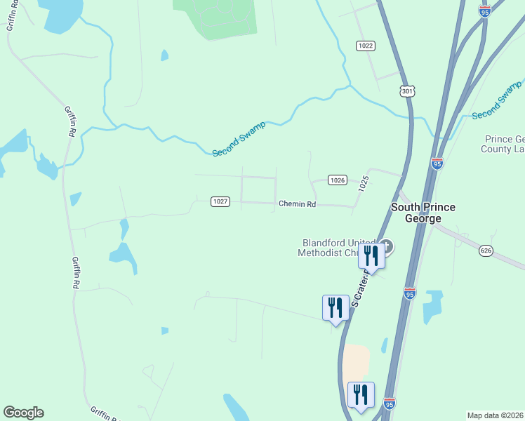 map of restaurants, bars, coffee shops, grocery stores, and more near 2104 Chemin Road in Petersburg