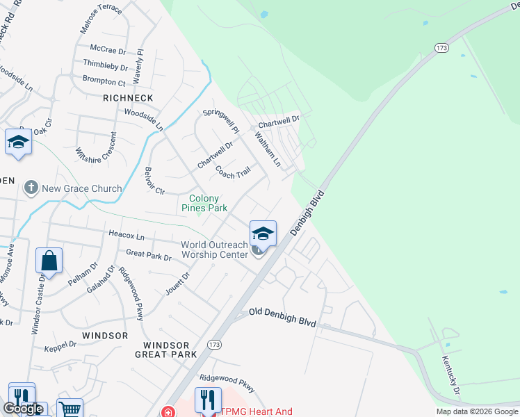 map of restaurants, bars, coffee shops, grocery stores, and more near 1217 Cobbler Way in Newport News