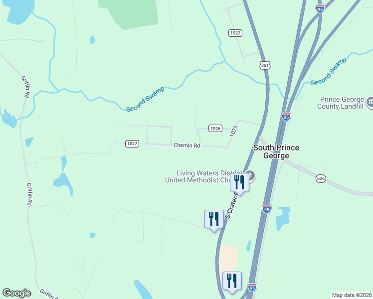 map of restaurants, bars, coffee shops, grocery stores, and more near 1 Ethridge Drive in Petersburg