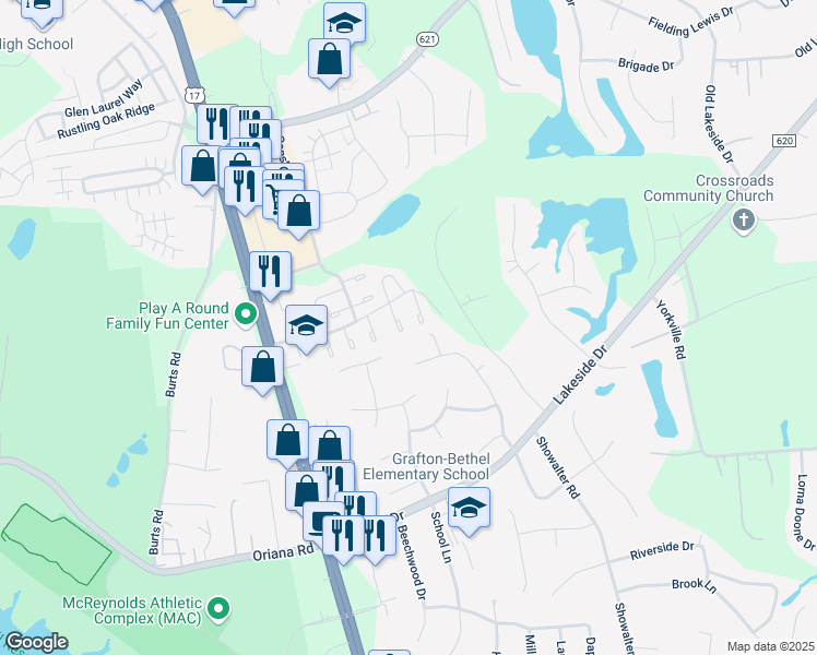 map of restaurants, bars, coffee shops, grocery stores, and more near 123 Kingsbridge Lane in Yorktown