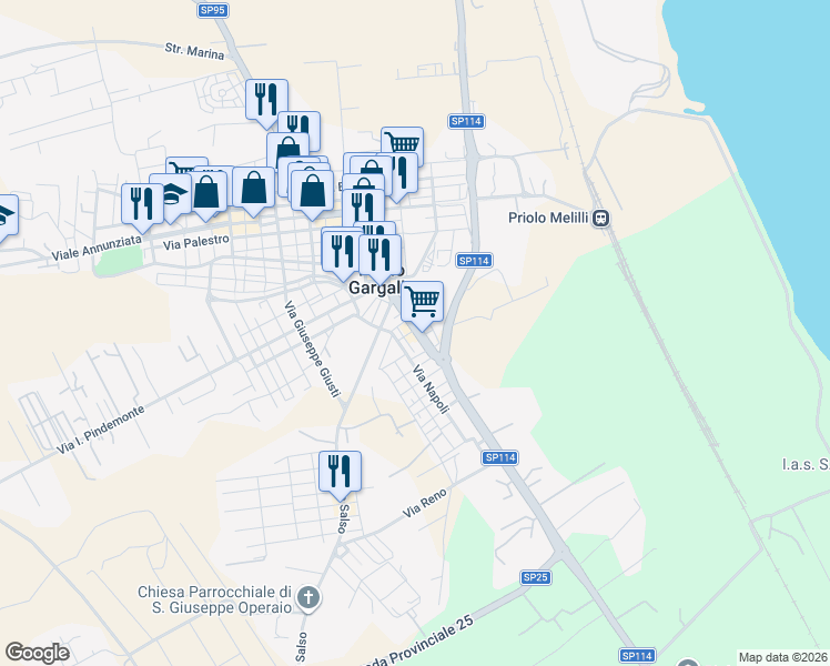 map of restaurants, bars, coffee shops, grocery stores, and more near 4 Via Marco Polo in Priolo Gargallo