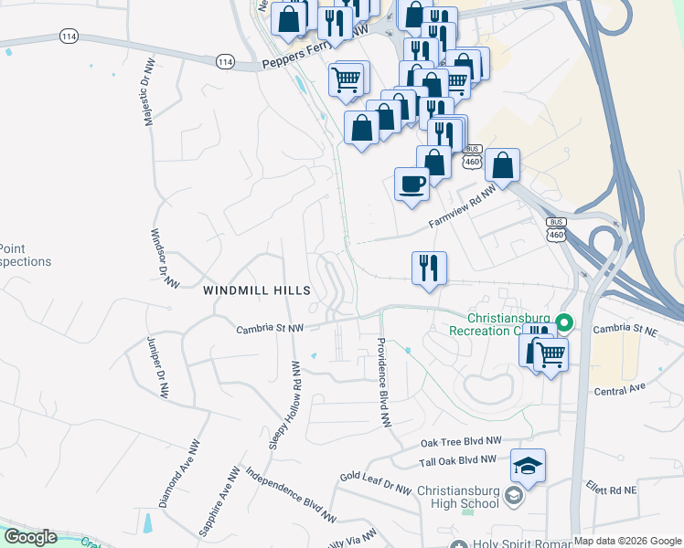 map of restaurants, bars, coffee shops, grocery stores, and more near Huckleberry Trail in Christiansburg