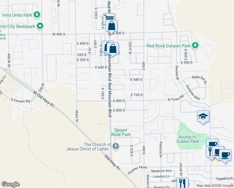 map of restaurants, bars, coffee shops, grocery stores, and more near 223 East 800 South in Ivins