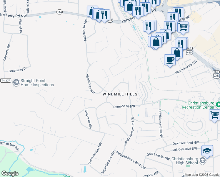 map of restaurants, bars, coffee shops, grocery stores, and more near 225 Windsor Drive Northwest in Christiansburg