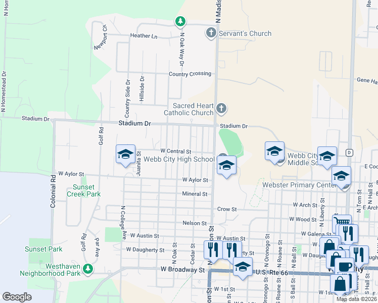 map of restaurants, bars, coffee shops, grocery stores, and more near 803 Campbell St in Webb City