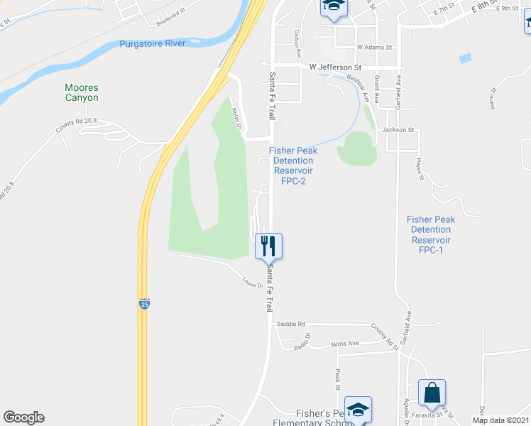 map of restaurants, bars, coffee shops, grocery stores, and more near 1701 Santa Fe Trail in Trinidad