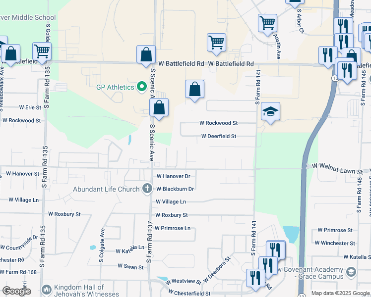 map of restaurants, bars, coffee shops, grocery stores, and more near 2464 West Deerfield Street in Springfield