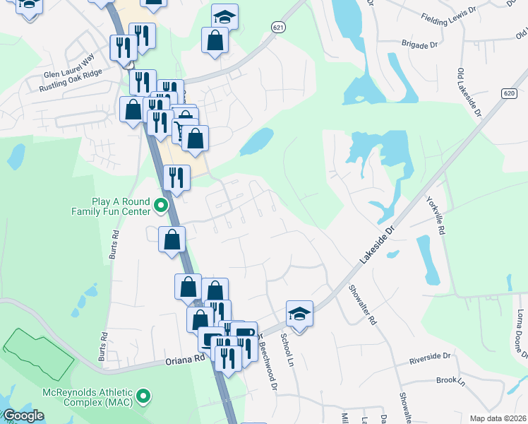 map of restaurants, bars, coffee shops, grocery stores, and more near 102 Kingsbridge Lane in Yorktown