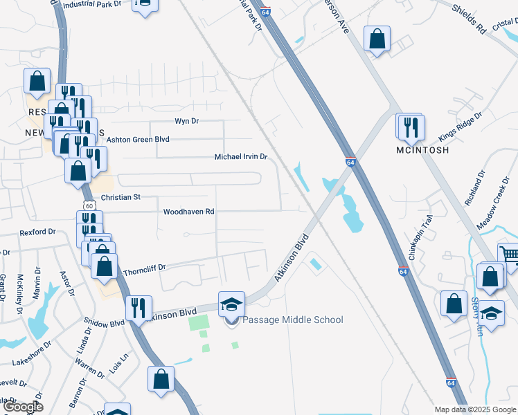 map of restaurants, bars, coffee shops, grocery stores, and more near 219 Woodhaven Road in Newport News