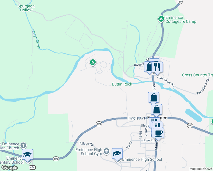 map of restaurants, bars, coffee shops, grocery stores, and more near Circle B Road in Eminence