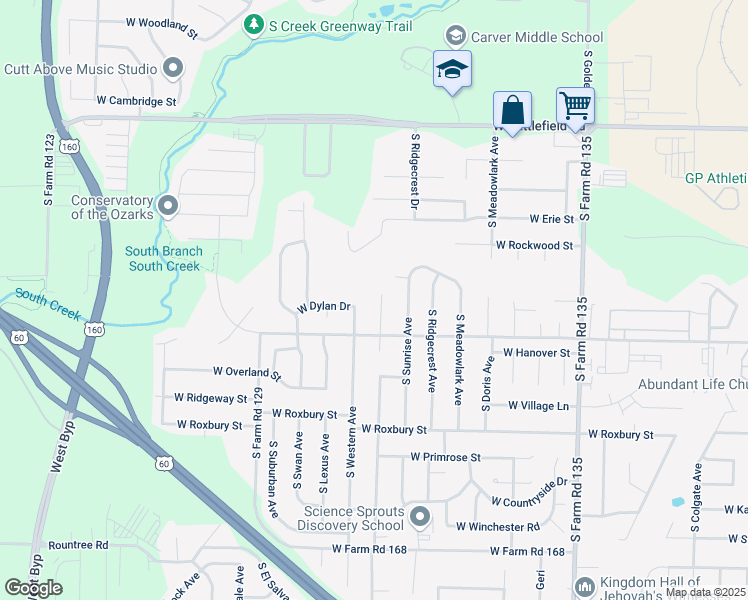 map of restaurants, bars, coffee shops, grocery stores, and more near 3521 West Dylan Drive in Springfield