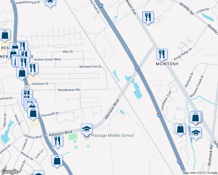 map of restaurants, bars, coffee shops, grocery stores, and more near 559 Michael Irvin Drive in Newport News