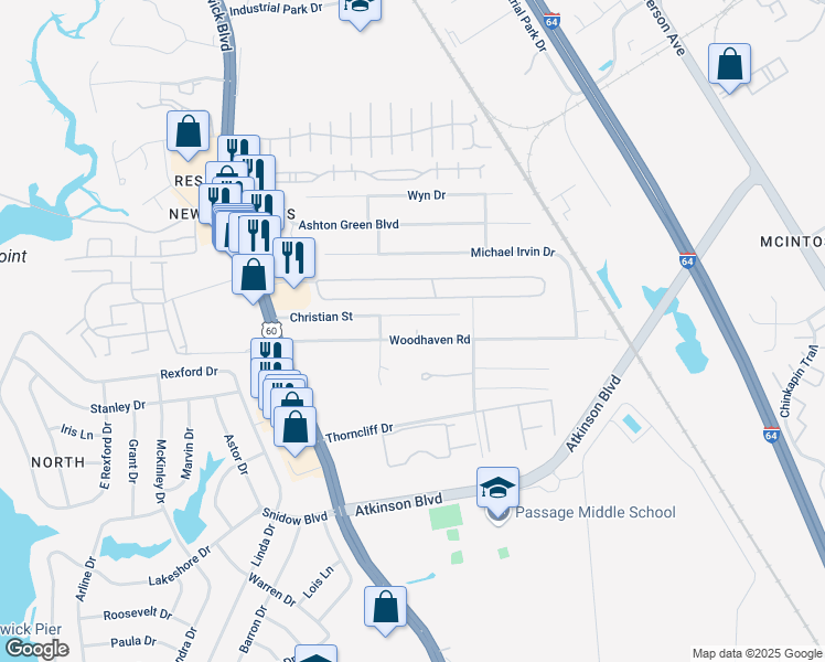 map of restaurants, bars, coffee shops, grocery stores, and more near 38 Christian Street in Newport News