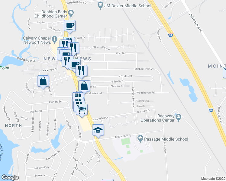 map of restaurants, bars, coffee shops, grocery stores, and more near 27 Christian Street in Newport News